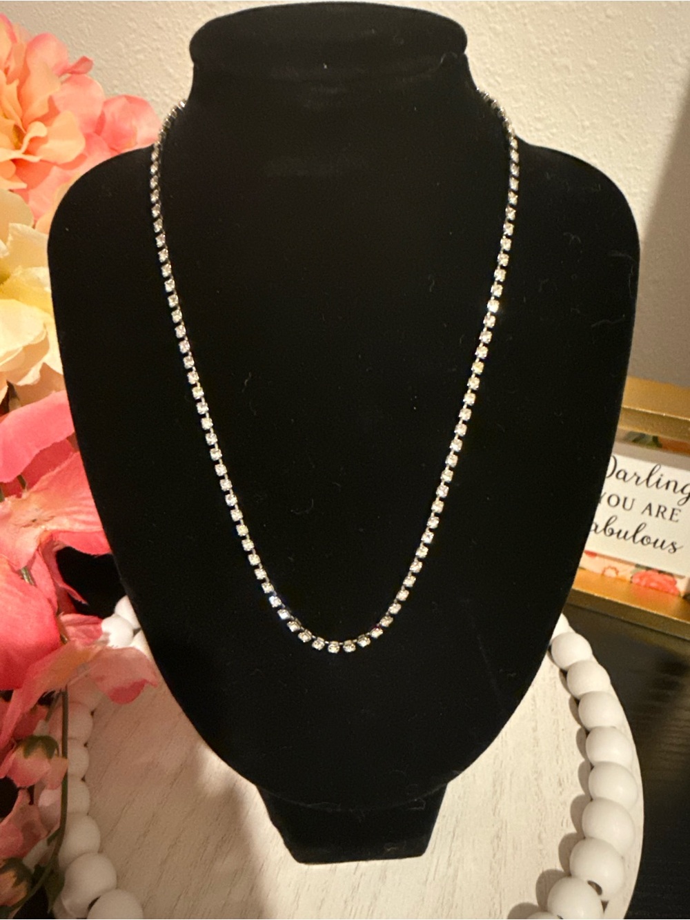 Vintage Silver Tone Rhinestone Tennis Necklace Clear Crystal Line Necklace - Picture 2 of 6